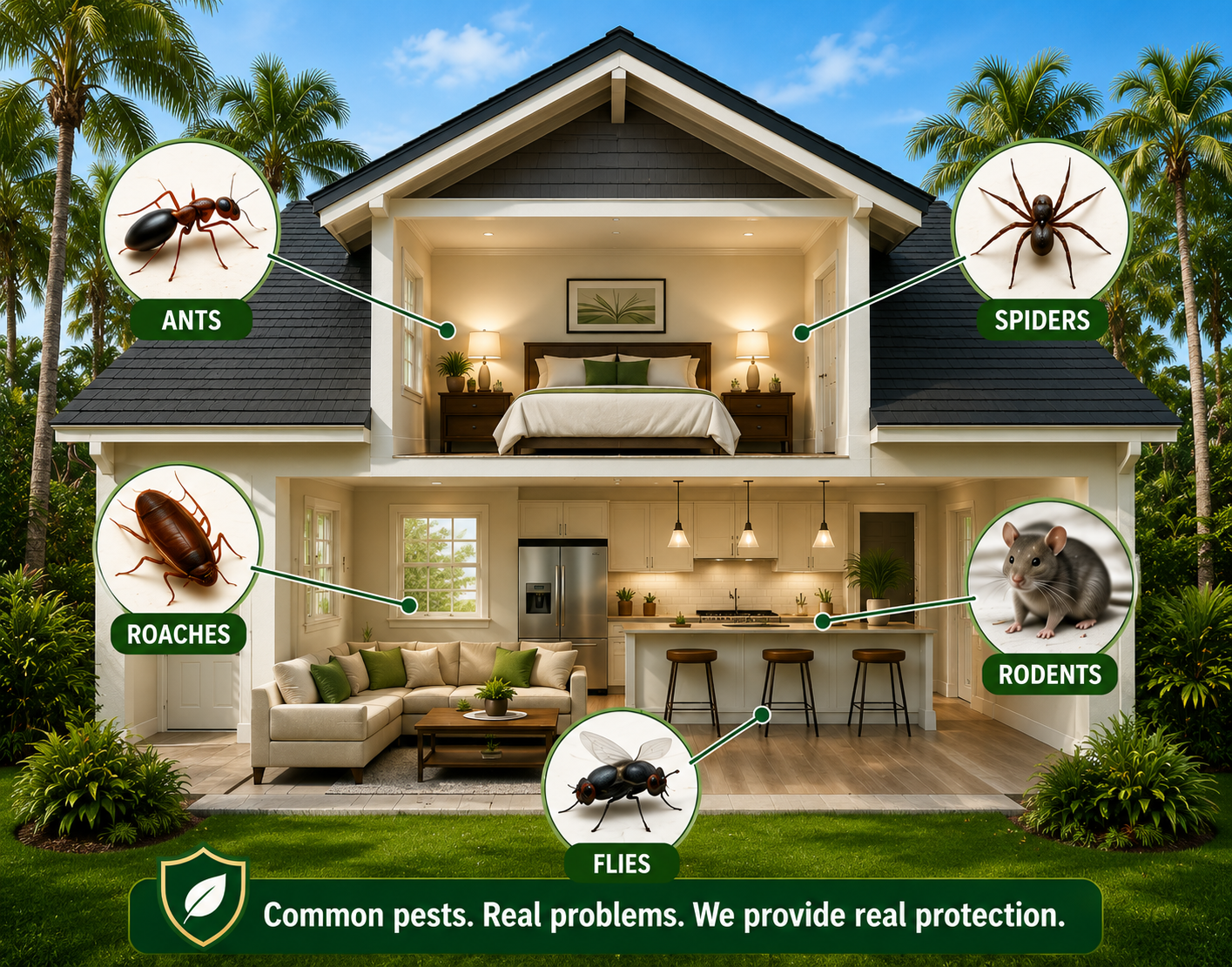 Green Land Pest Control protecting Central Florida homes from ants spiders roaches rodents and flies