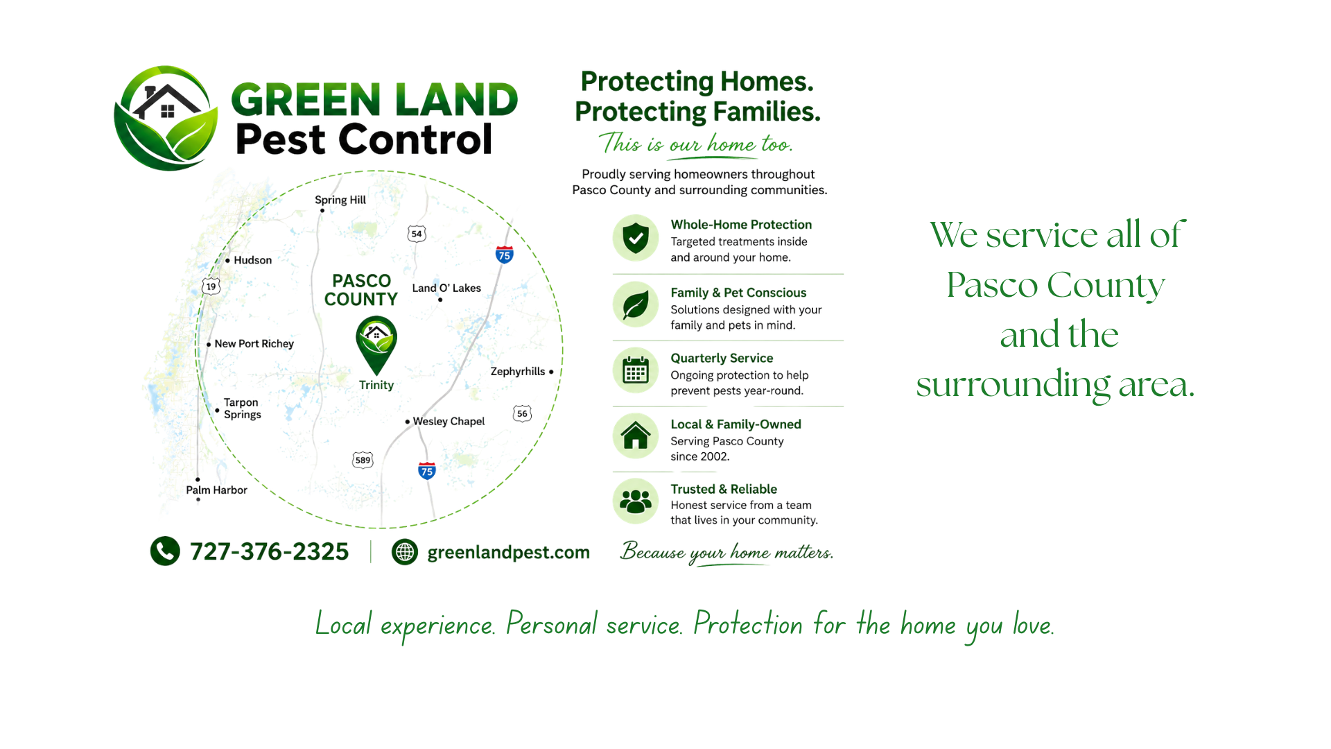 Green Land Pest Control promotional graphic: logo, Pasco County map with a marker, and service text stating they serve Pasco County and surrounding areas.