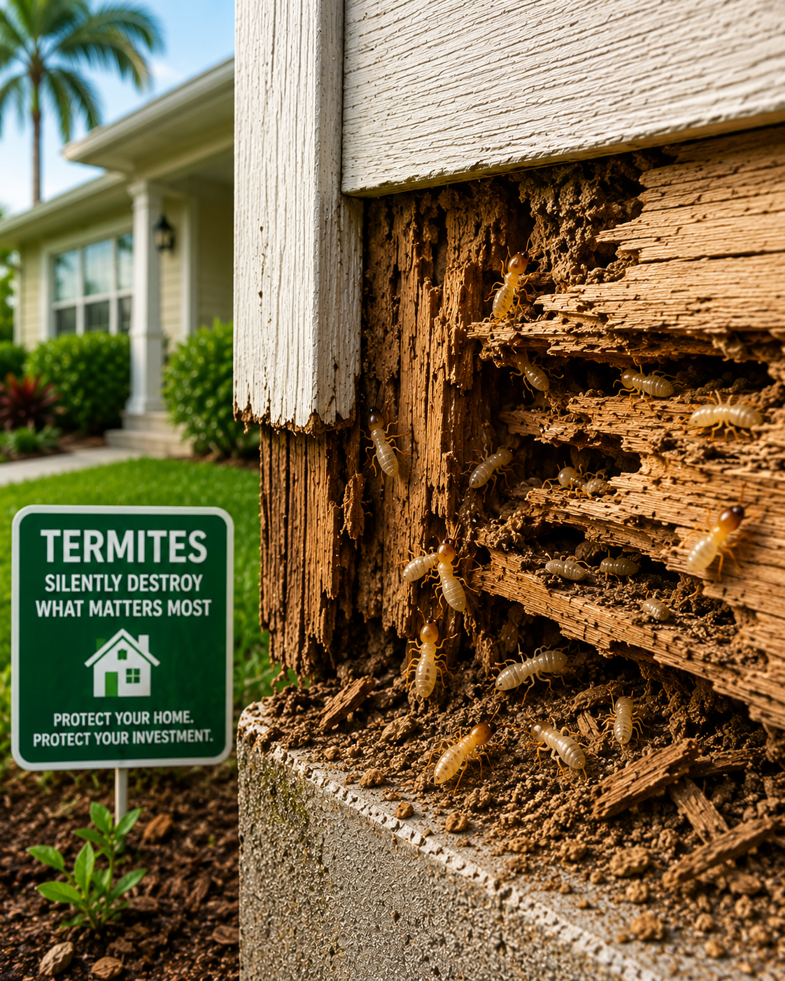 Termite-damaged wooden beam next to a house, with pale termites visible on the wood and a yard sign nearby warning about termites and damage.