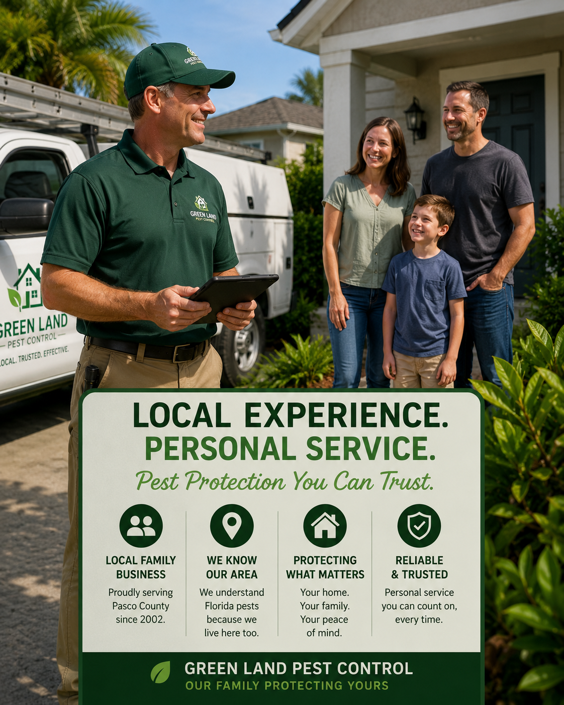 Pest control technician with tablet stands beside a family in front of a home, next to a 'Local Experience, Personal Service' sign.