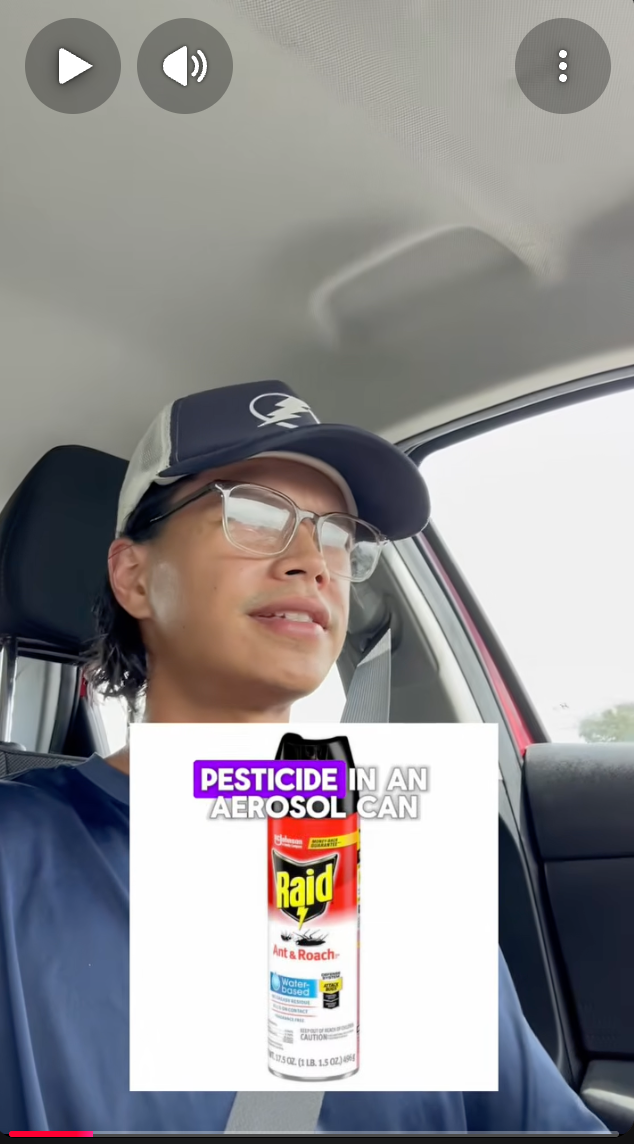 Person in a car wearing a cap and glasses; overlay shows a Raid pesticide aerosol can with warning labels.