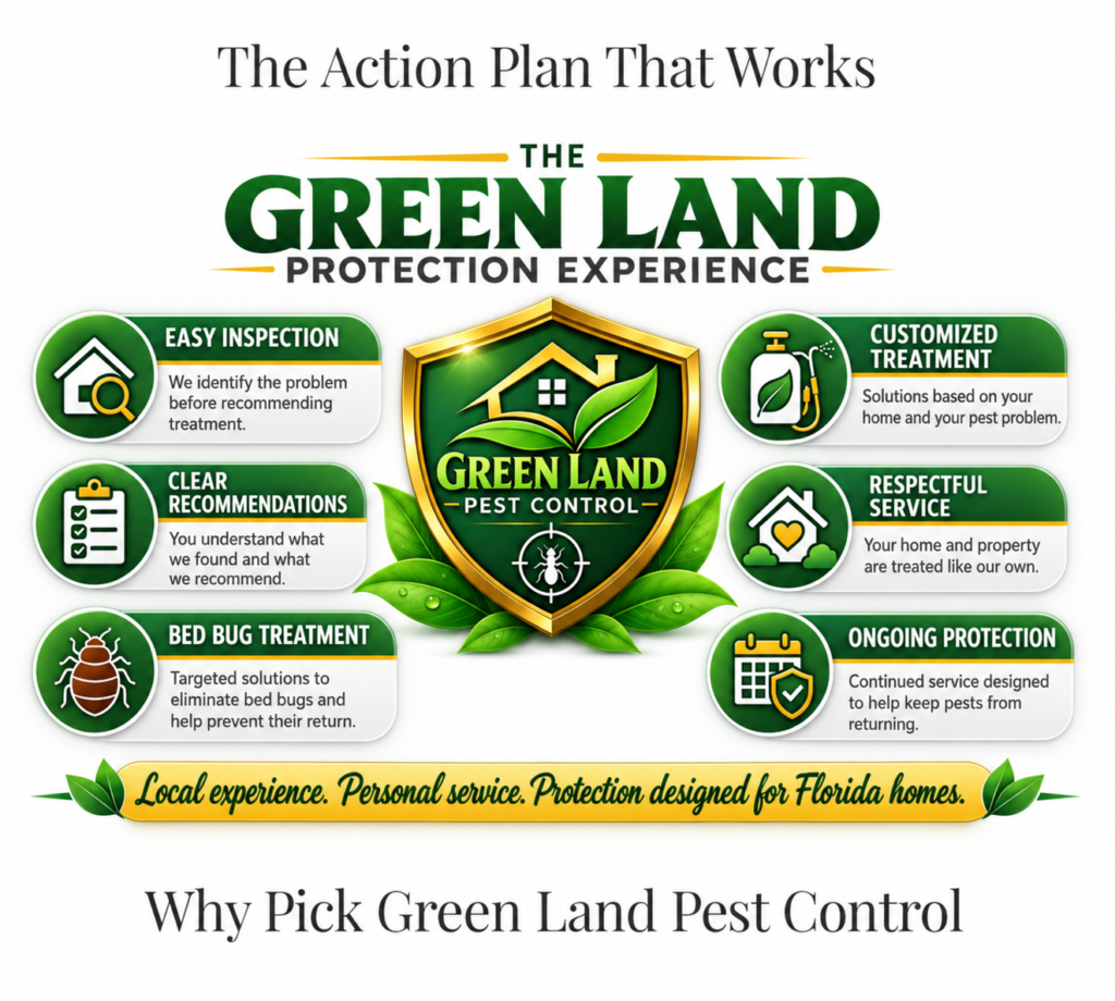 Infographic for Green Land Pest Control: central shield logo with leaves and six green info panels about inspection, recommendations, bed bug treatment, customized treatment, respectful service, ongoing protection; tagline about local, personal service.