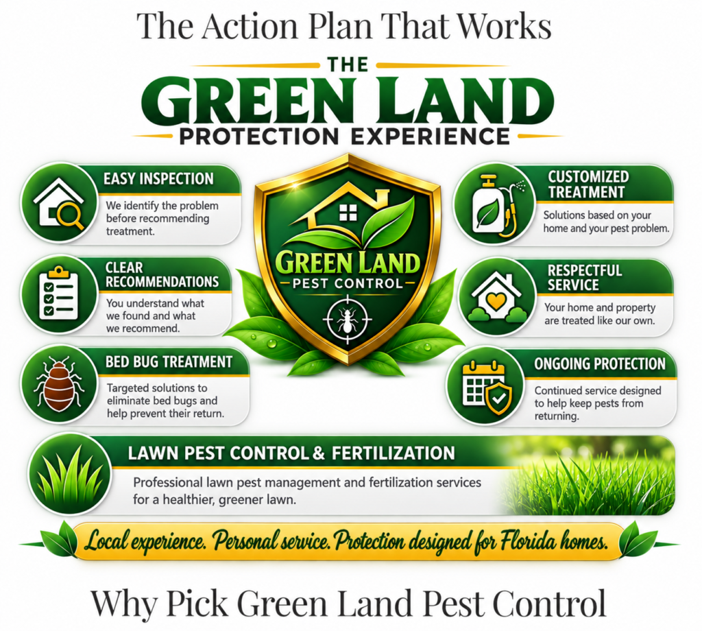 Infographic for Green Land Pest Control showing a central shield logo with six service badges: Easy Inspection, Clear Recommendations, Bed Bug Treatment, Customized Treatment, Respectful Service, Ongoing Protection, plus Lawn Pest Control & Fertilization.
