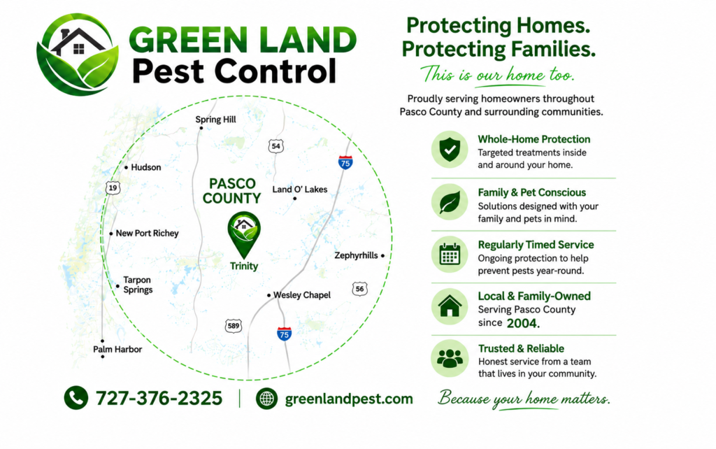 Green Land Pest Control map with service area around Trinity in Pasco County and contact info bottom left